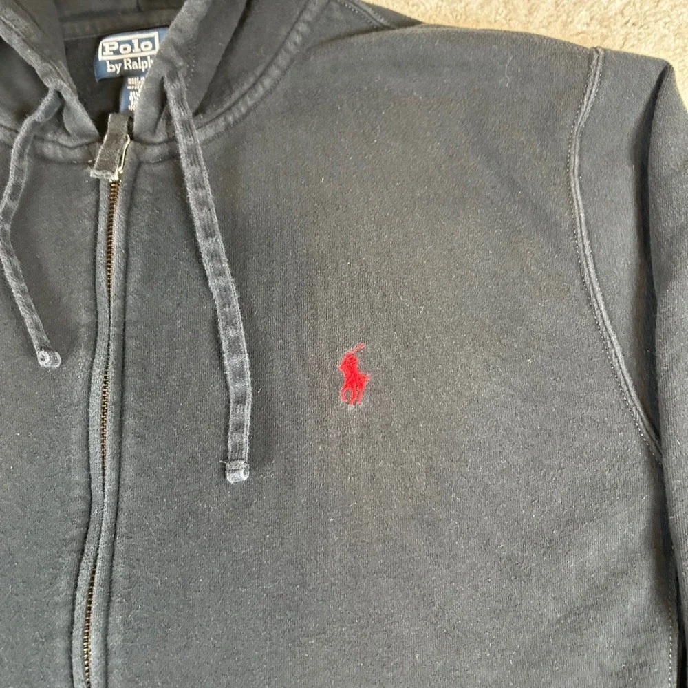 Vintage Polo Ralph Lauren Full Zip Hoodie Men's Large Black Red Pony Logo Fleece